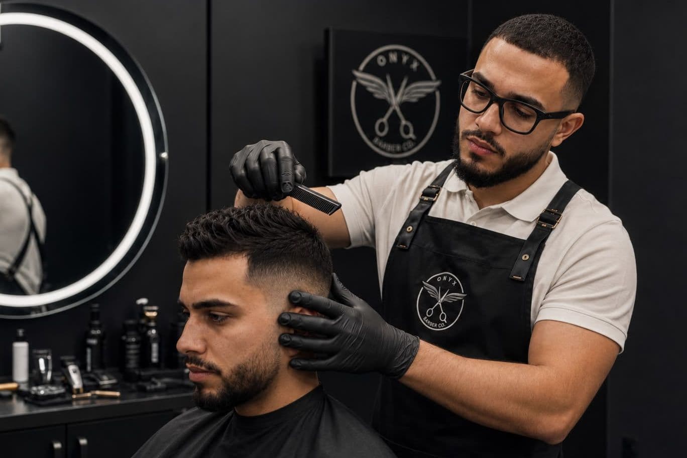 An Onyx barber grooming a client at a black station with the Onyx Barber Co. emblem on the wall